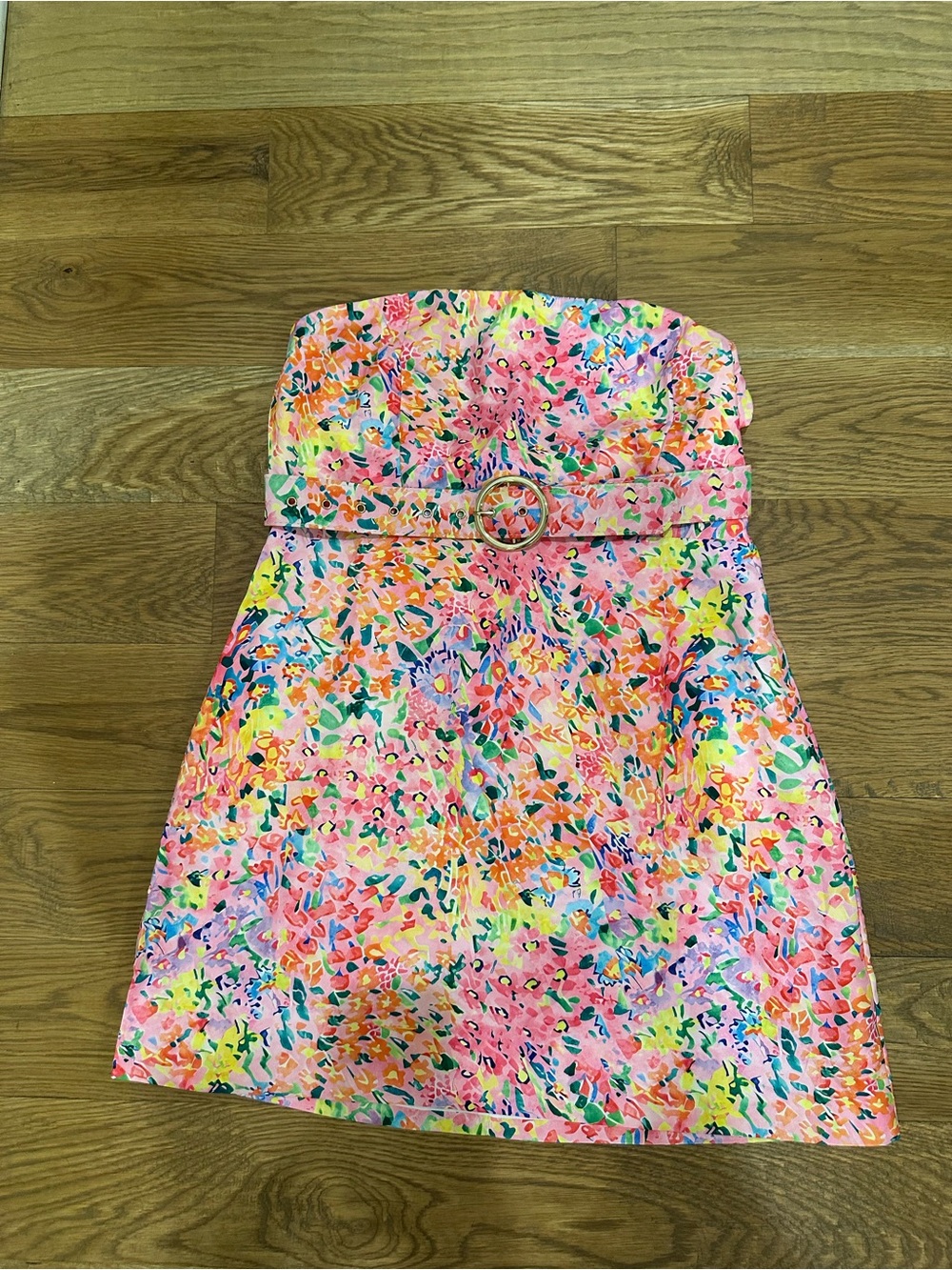 Pink Multicolor Strapless Belted Dress